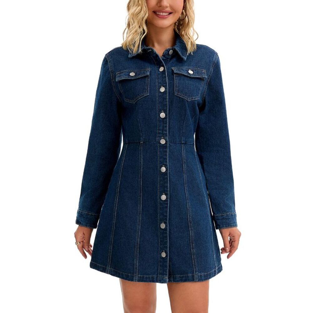 Women's Denim Mini Dress Button Down Collared Long Sleeve Jean Dress Dark Blue